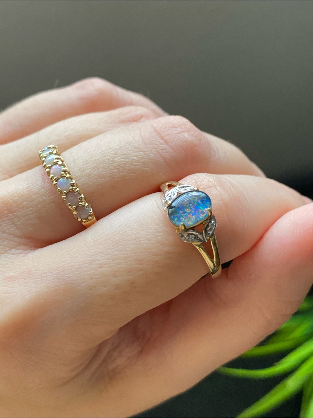 Vintage 10K Yellow Gold Natural Crystal Opal & Diamond Accent Ring
